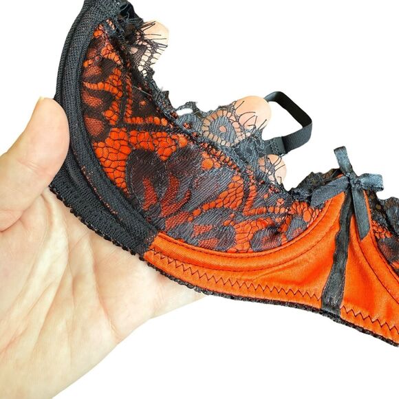 Fredericks of Hollywood Open Cup Bra SMALL 12 32C 34B Lux Satin Orange Lace Sexy - Picture 6 of 10